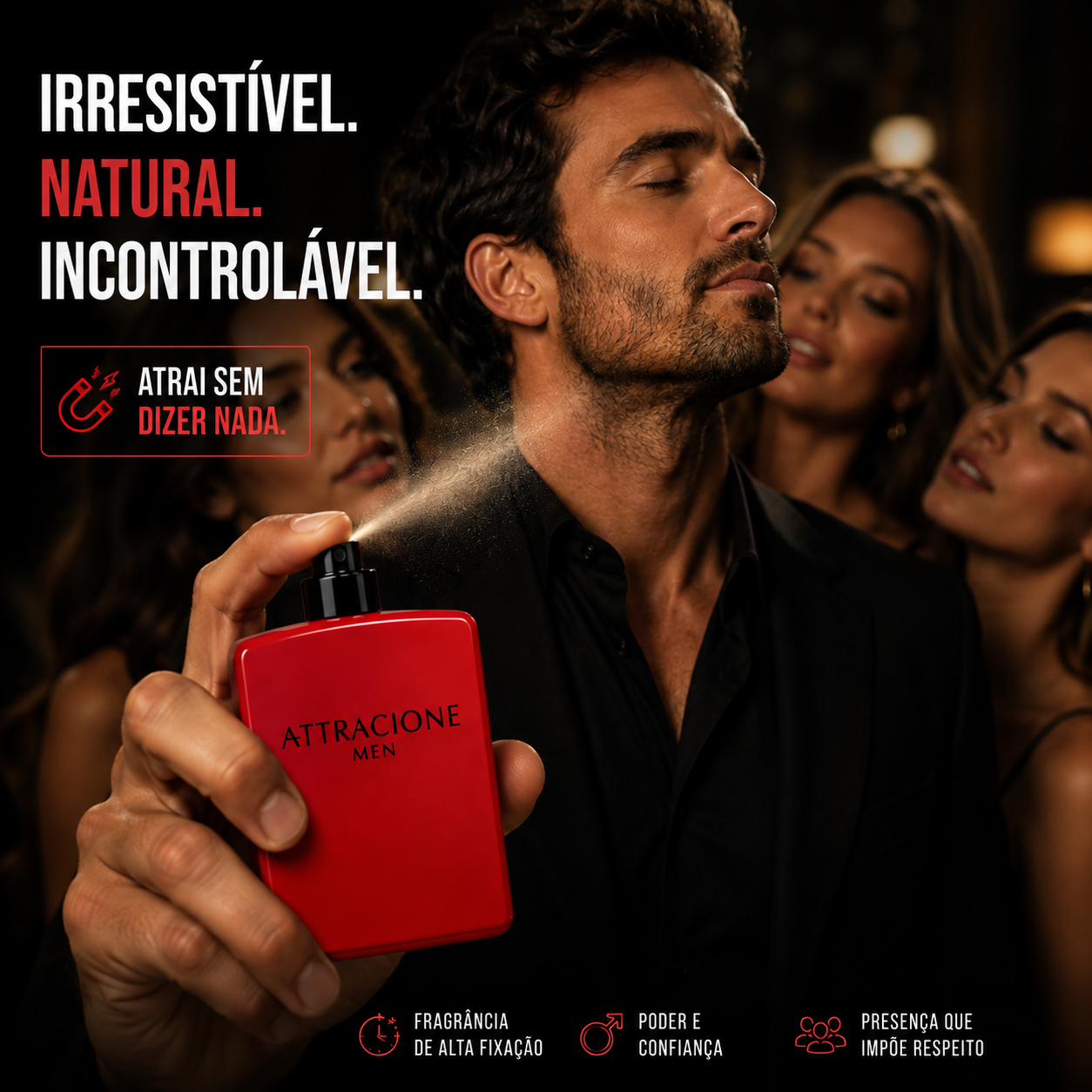Homem usando o perfume Attracione Men com feromônios, atraindo mulheres ao redor